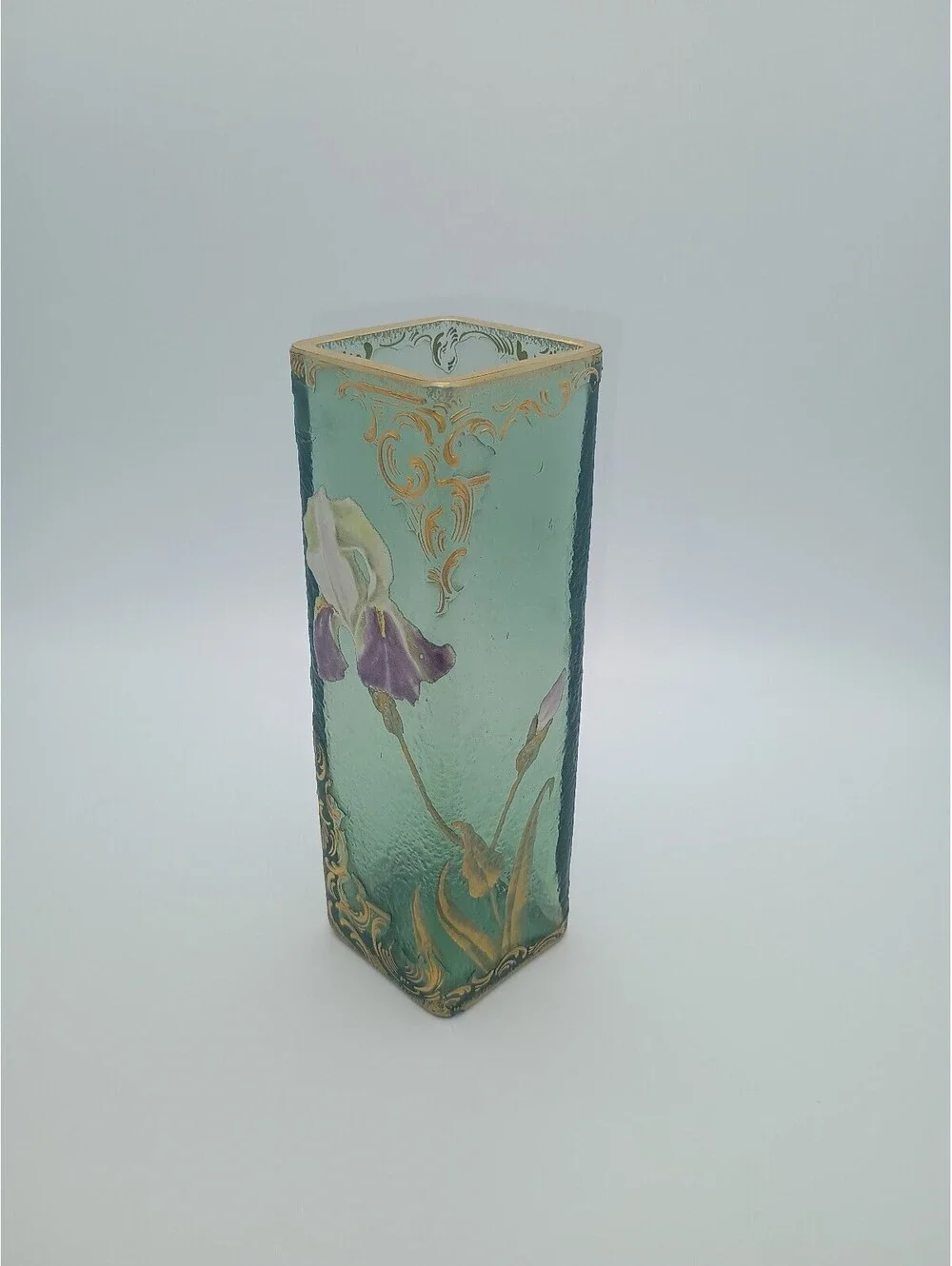 Montjoye (Legras & Cie) Art Nouveau Enameled Green Glass Vase with Gold Accents